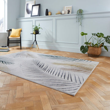 Creation 50051 Modern Botanical Ventation Distressed Metallic Shimmer Soft Textured Low Profile Short-Pile Soft Grey/Charcoal/Multicolour Rug-Think Rugs-Rug Love - The Most Loved Rug Store